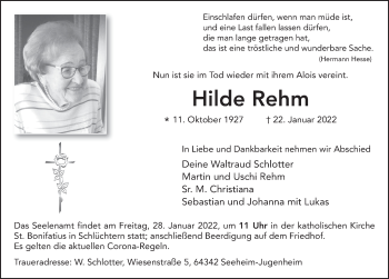 Traueranzeige von Hilde Rehm von FZ