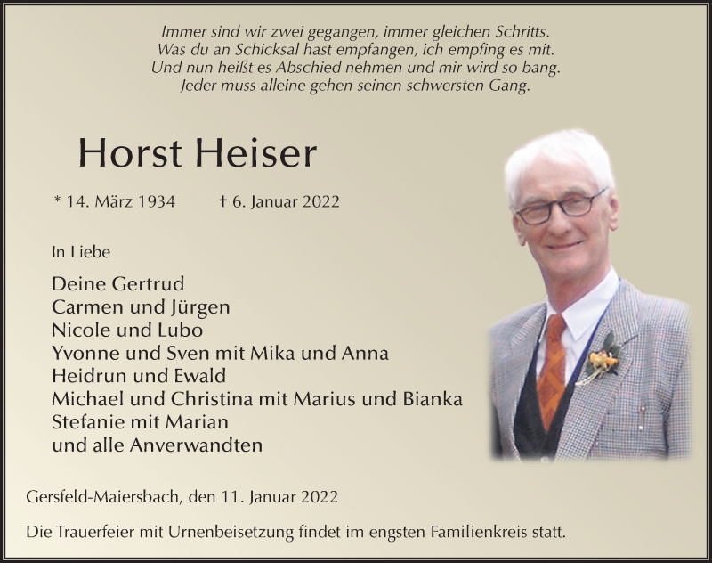  Traueranzeige für Horst Heiser vom 11.01.2022 aus FZ