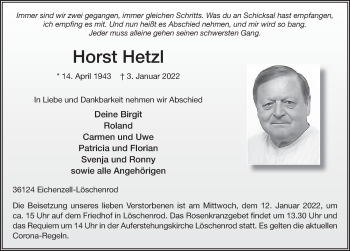 Traueranzeige von Horst Hetzl von FZ
