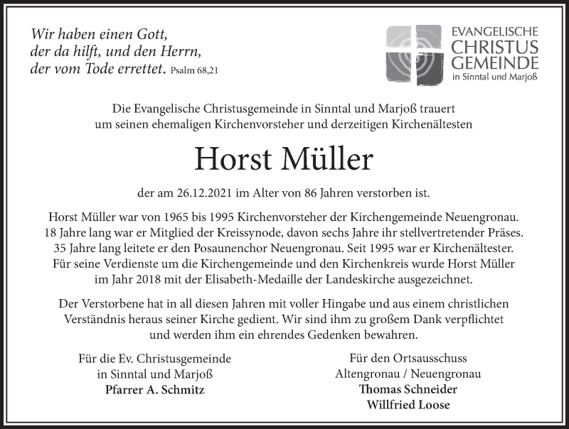 Traueranzeige für Horst Müller vom 04.01.2022 aus FZ