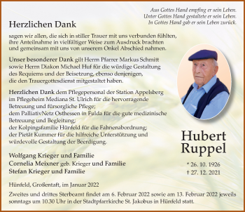 Traueranzeige von Hubert Ruppel von FZ