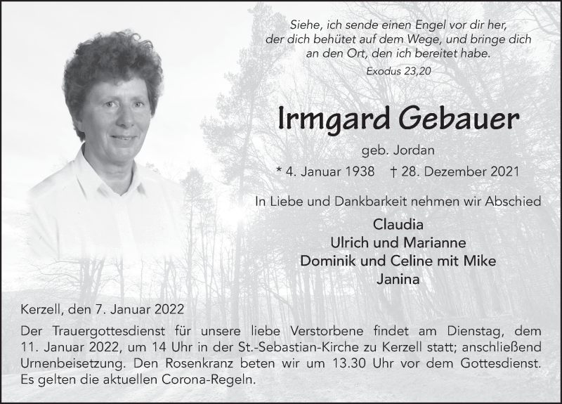  Traueranzeige für Irmgard Gebauer vom 07.01.2022 aus FZ