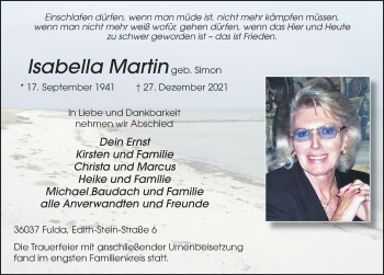 Traueranzeige von Isabella Martin von FZ