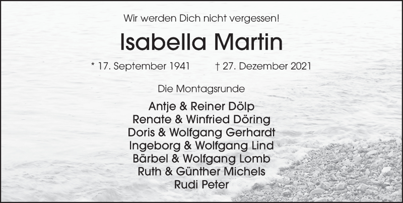  Traueranzeige für Isabella Martin vom 15.01.2022 aus FZ