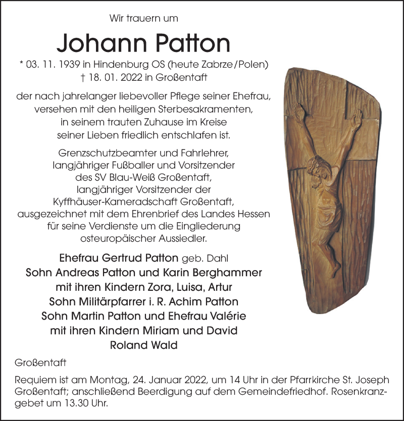  Traueranzeige für Johann Patton vom 22.01.2022 aus FZ