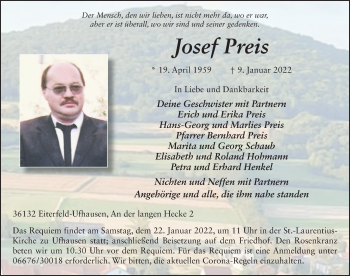 Traueranzeige von Josef Preis von FZ