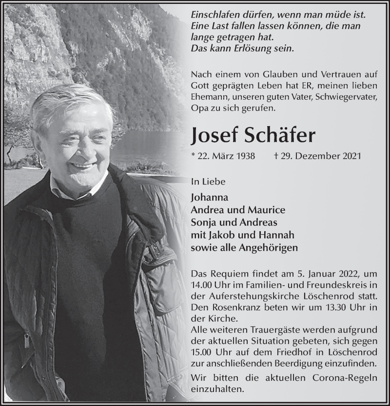  Traueranzeige für Josef Schäfer vom 03.01.2022 aus FZ