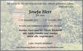 Traueranzeige von Josefa Herr von FZ