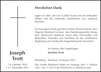 Traueranzeige von Joseph Trott