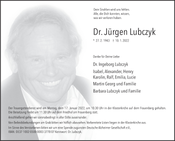 Traueranzeige von Jürgen Lubczyk von FZ