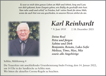 Traueranzeige von Karl Reinhardt von FZ