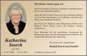 Traueranzeige von Katharina Storch von FZ