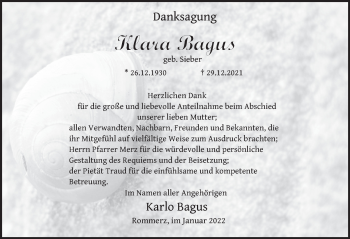 Traueranzeige von Klara Bagus von FZ