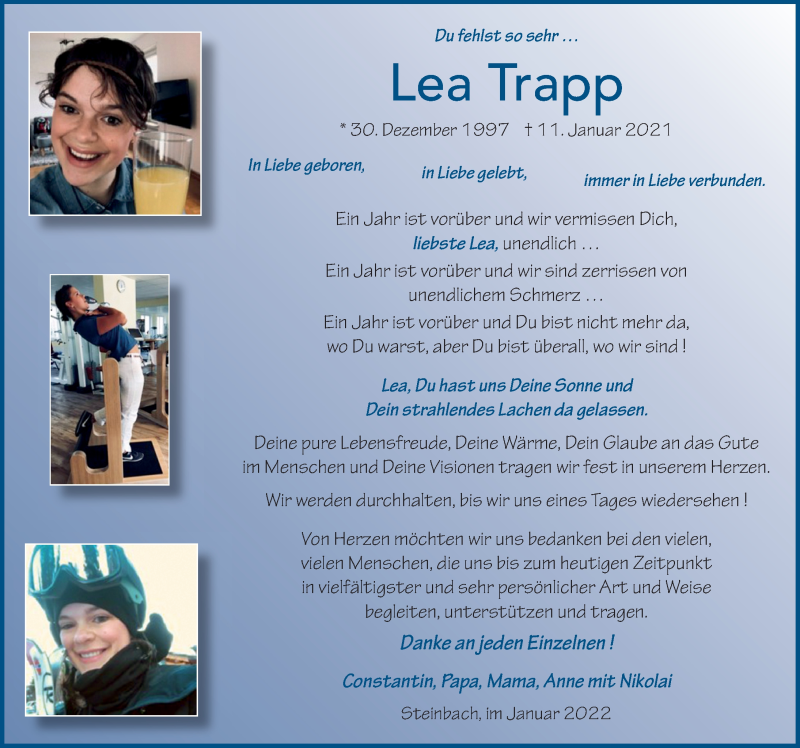  Traueranzeige für Lea Trapp vom 15.01.2022 aus FZ
