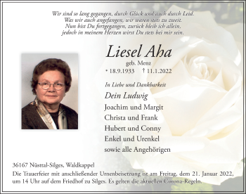Traueranzeige von Liesel Aha von FZ