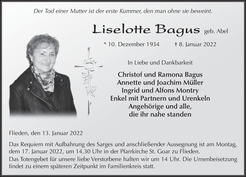  Traueranzeige für Lieselotte Bagus vom 13.01.2022 aus FZ