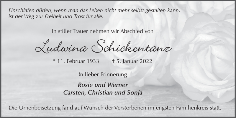  Traueranzeige für Ludwina Schickentanz vom 29.01.2022 aus FZ