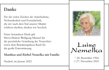 Traueranzeige von Luise Nemelka von FZ