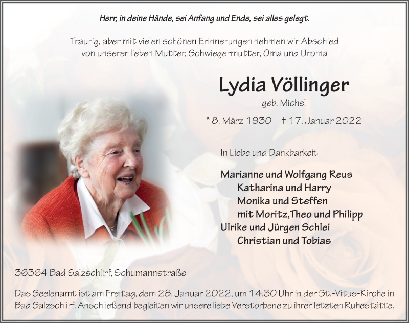  Traueranzeige für Lydia Völlinger vom 25.01.2022 aus FZ