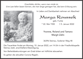 Traueranzeige von Marga Roussek von FZ