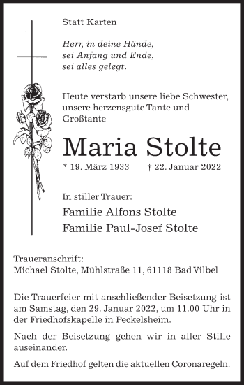 Traueranzeige von Maria Stolte von FZ