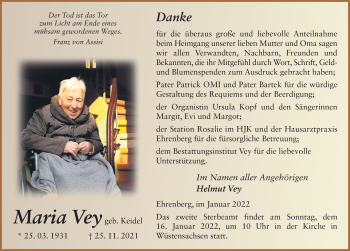 Traueranzeige von Maria Vey von FZ