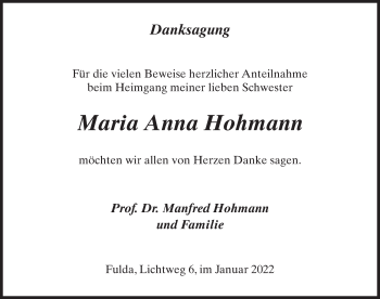 Traueranzeige von Maria Anna Hohmann von FZ