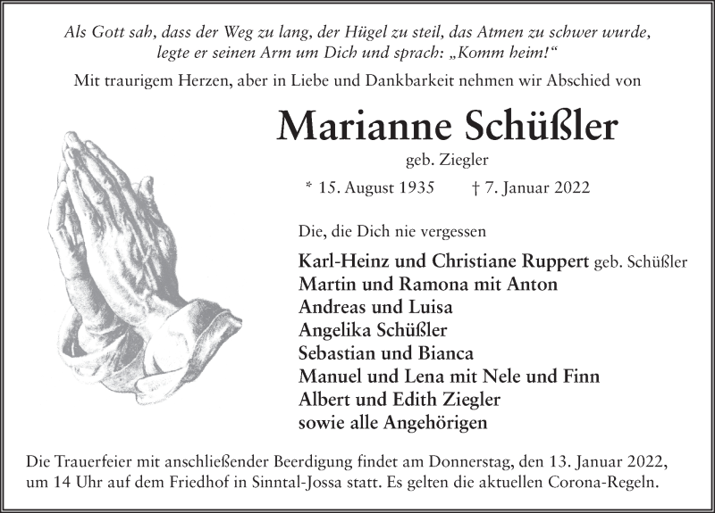  Traueranzeige für Marianne Schüßler vom 11.01.2022 aus FZ