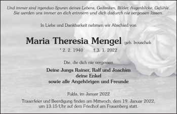 Traueranzeige von Maria Theresia Mengel von FZ