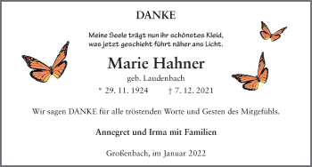 Traueranzeige von Marie Hahner von FZ