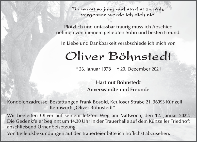  Traueranzeige für Oliver Böhnstedt vom 08.01.2022 aus FZ