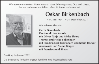Traueranzeige von Oskar Birkenbach von FZ