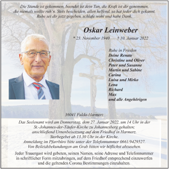 Traueranzeige von Oskar Leinweber von FZ