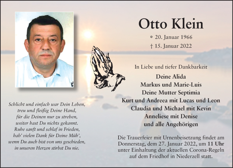  Traueranzeige für Otto Klein vom 22.01.2022 aus FZ