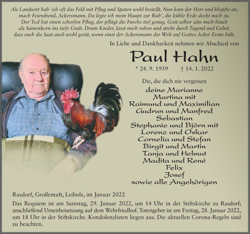  Traueranzeige für Paul Hahn vom 27.01.2022 aus FZ