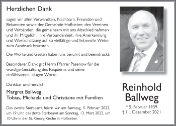 Traueranzeige von Reinhold Ballweg von FZ