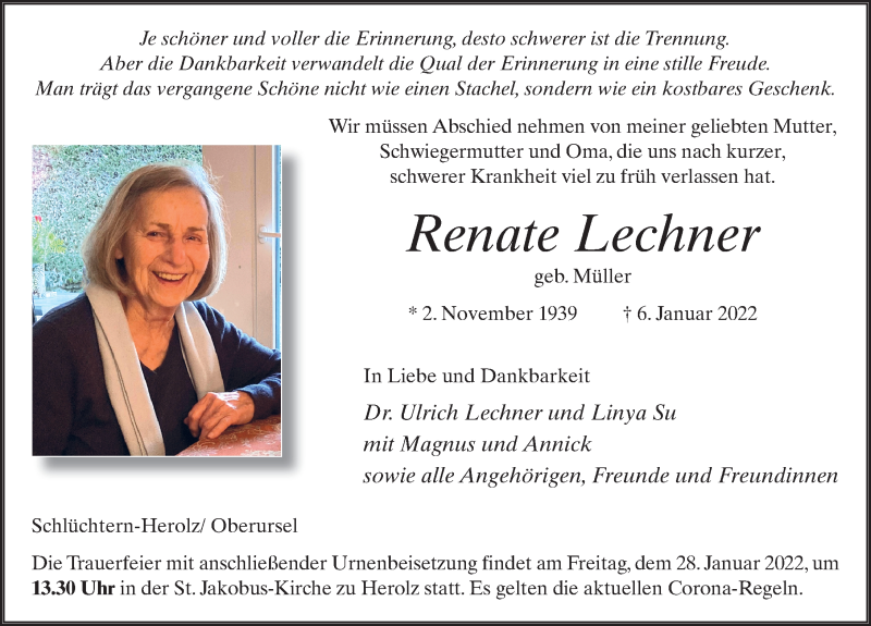  Traueranzeige für Renate Lechner vom 22.01.2022 aus FZ