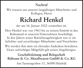 Traueranzeige von Richard Henkel von FZ