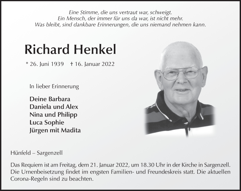  Traueranzeige für Richard Henkel vom 19.01.2022 aus FZ
