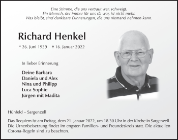 Traueranzeige von Richard Henkel