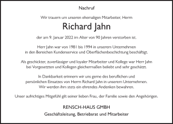 Traueranzeige von Richard Jahn von FZ
