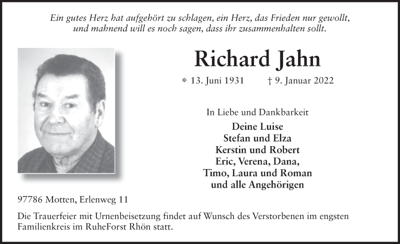  Traueranzeige für Richard Jahn vom 15.01.2022 aus FZ