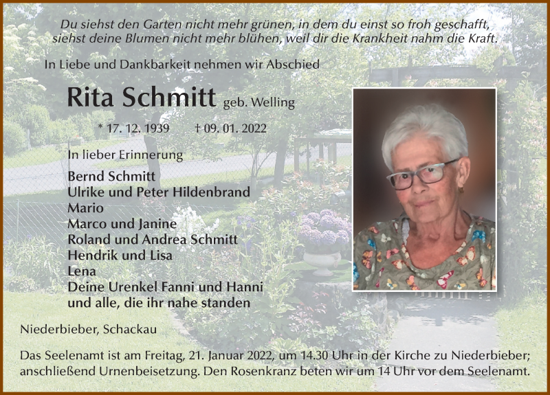  Traueranzeige für Rita Schmitt vom 17.01.2022 aus FZ