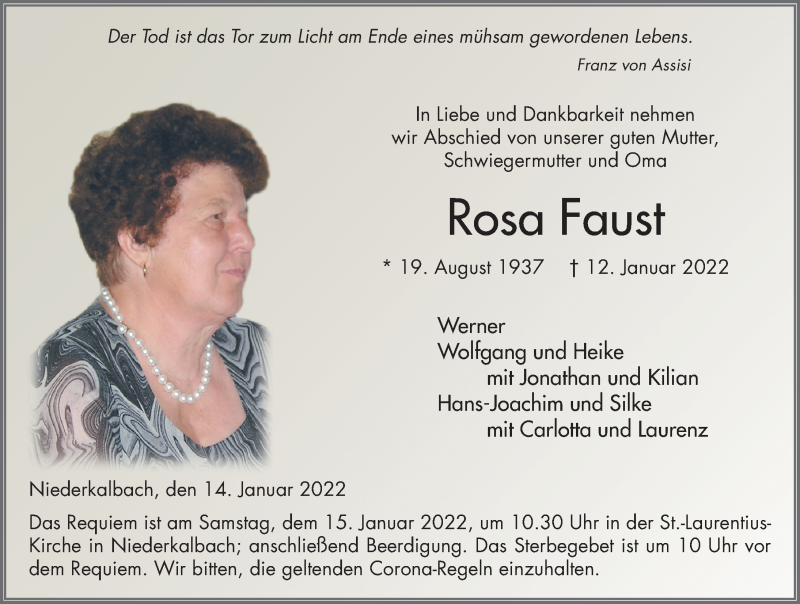  Traueranzeige für Rosa Faust vom 14.01.2022 aus FZ