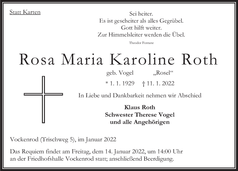  Traueranzeige für Rosa Roth vom 13.01.2022 aus FZ