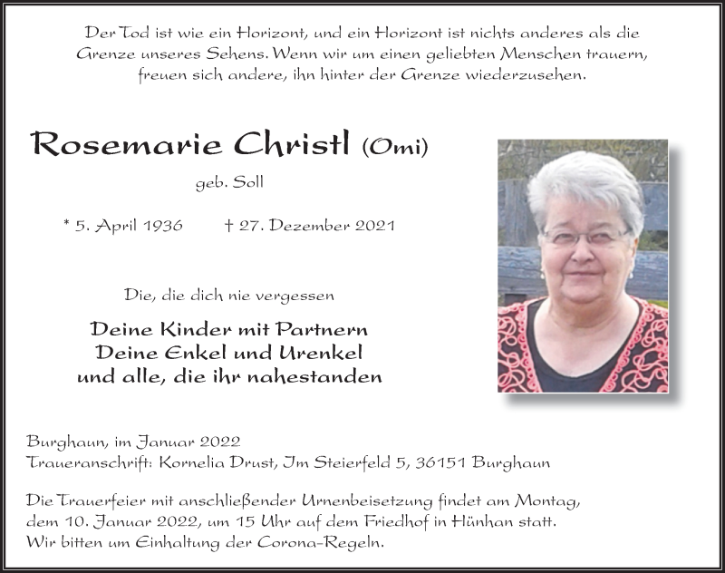  Traueranzeige für Rosemarie Christl vom 06.01.2022 aus FZ
