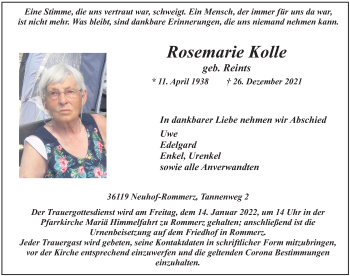 Traueranzeige von Rosemarie Kolle von FZ