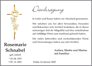 Traueranzeige von Rosemarie Schnabel von FZ