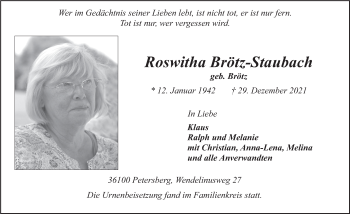 Traueranzeige von Roswitha Brötz-Staubach von FZ