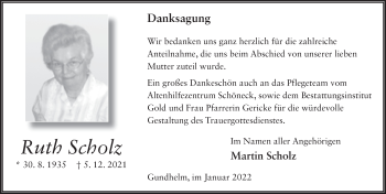 Traueranzeige von Ruth Scholz von FZ
